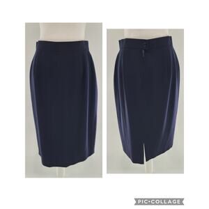 Vintage Louis Feraud Women Skirt Sz 8 Navy Blue Lined Straight Slit Wool Pleated